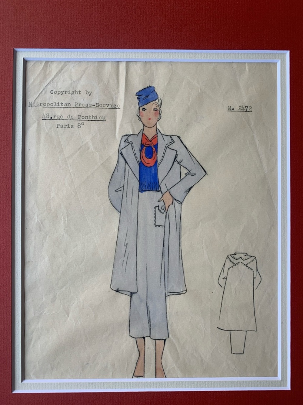Vintage MCM Fashion Sketch Drawing With Mat Paris